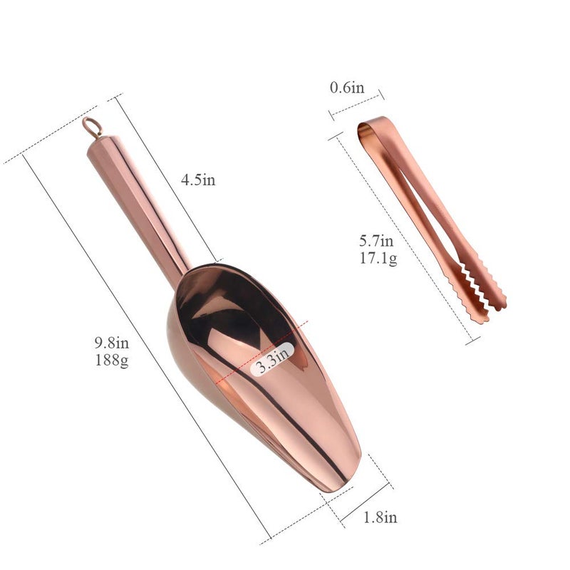 Mingcheng Stainless Steel Ice Scoop and Tongs Set - 6 Inches Serving Tongs With Teeth for Large Cubes, Round Bottom Bar Utility Scoop, Freezer, Bucket - Set of 3 (Rose Gold Copper) - Image 2